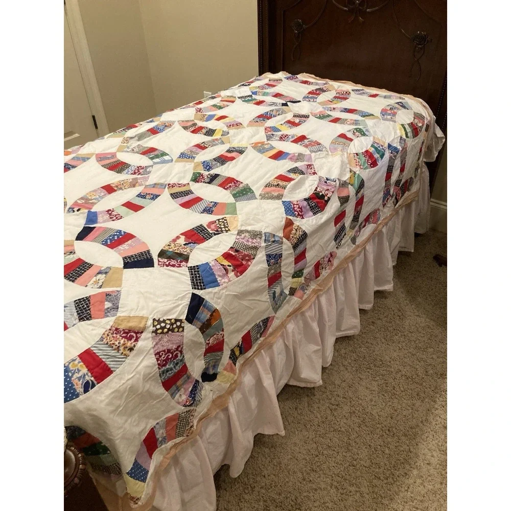 Vintage Handmade Double Wedding Quilt Topper Unfinished Patchwork 60